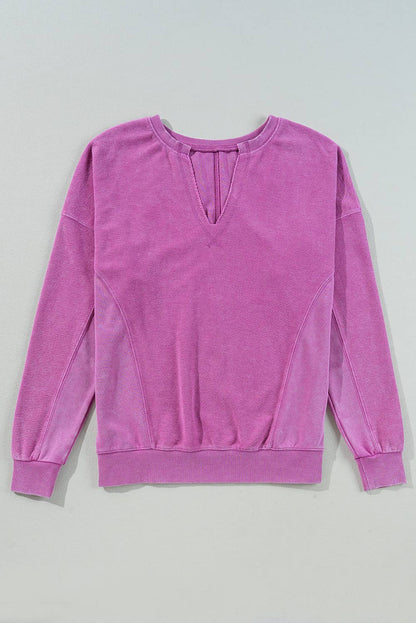 Casual Notched V Neck Long Sleeve Sweatshirt (S-2XL)