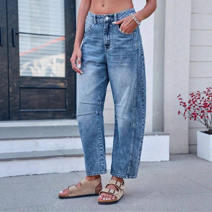 Washed Balloon Leg Denim Jeans With Belt