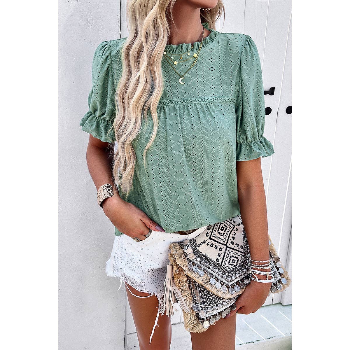 Round Neck Embroidery Ruffle Sleeve Loose Fit Shirts