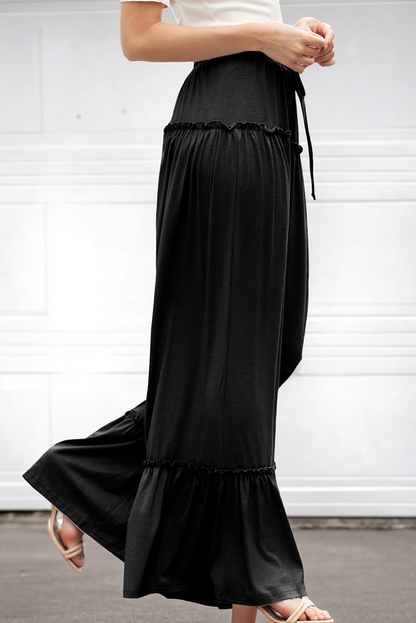 Frilled Drawstring High Waist Wide Leg Pants(S-XL)