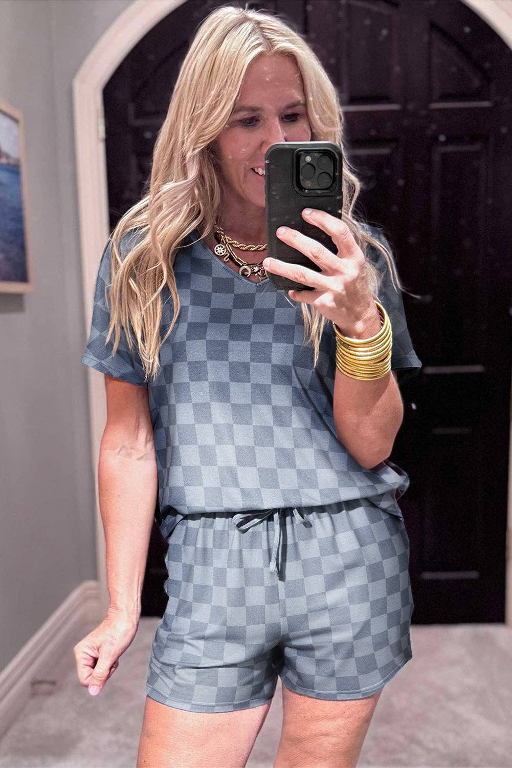 Beige Checkered V Neck Tee Drawstring Shorts Lounge Set