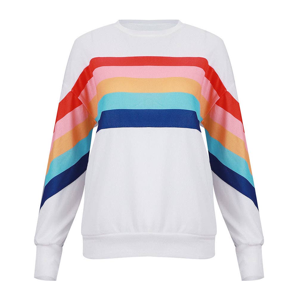 Women’s Rainbow Stripe Crewneck Pullover Casual Long Sleeve Top