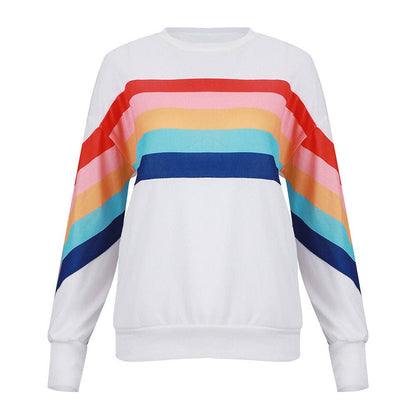 Women’s Rainbow Stripe Crewneck Pullover Casual Long Sleeve Top