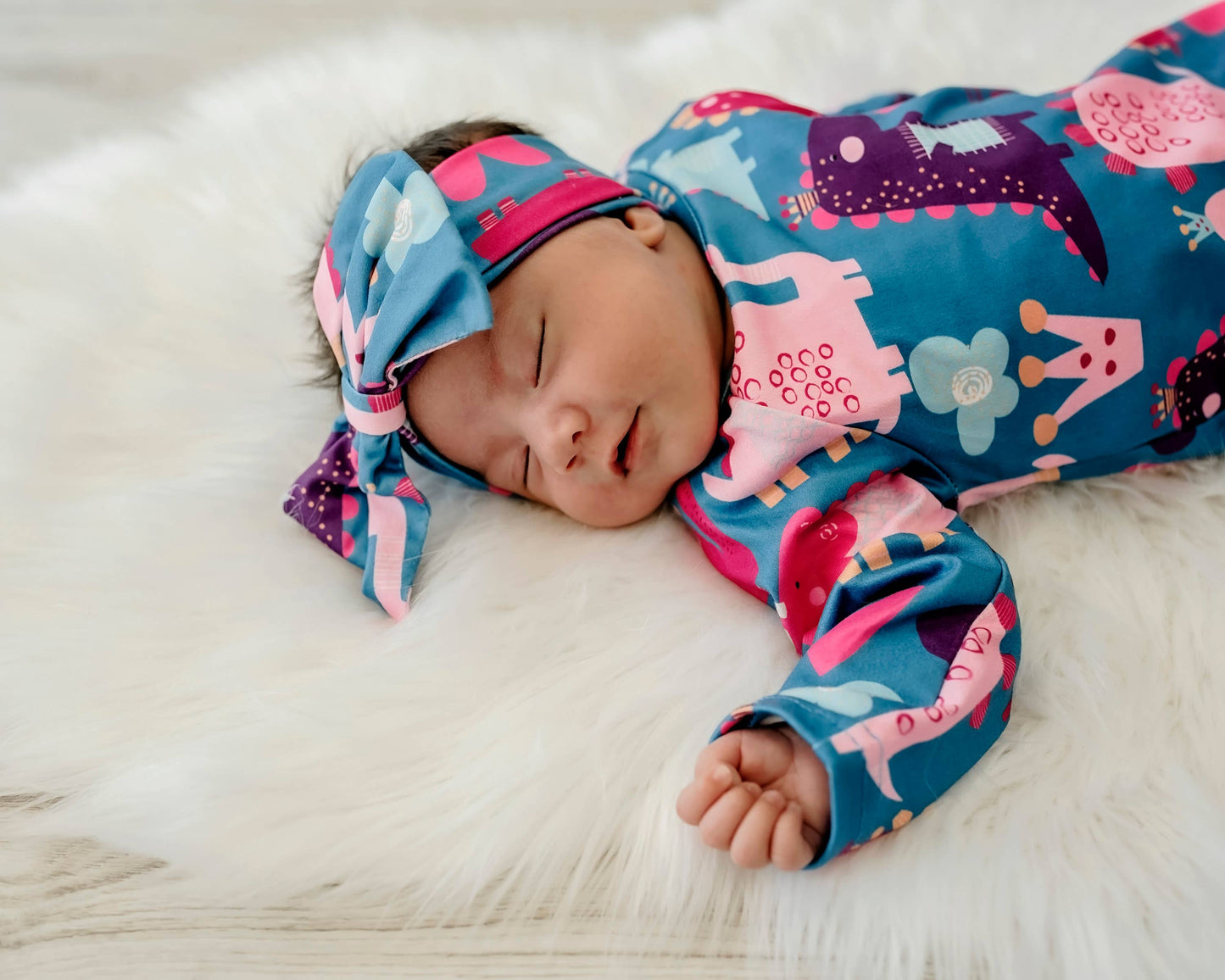 Infant Girl Dino Baby Gown and Bow Headband