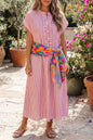 Black Stripe Frilled Detail Half Buttons Short Sleeve Long Dress