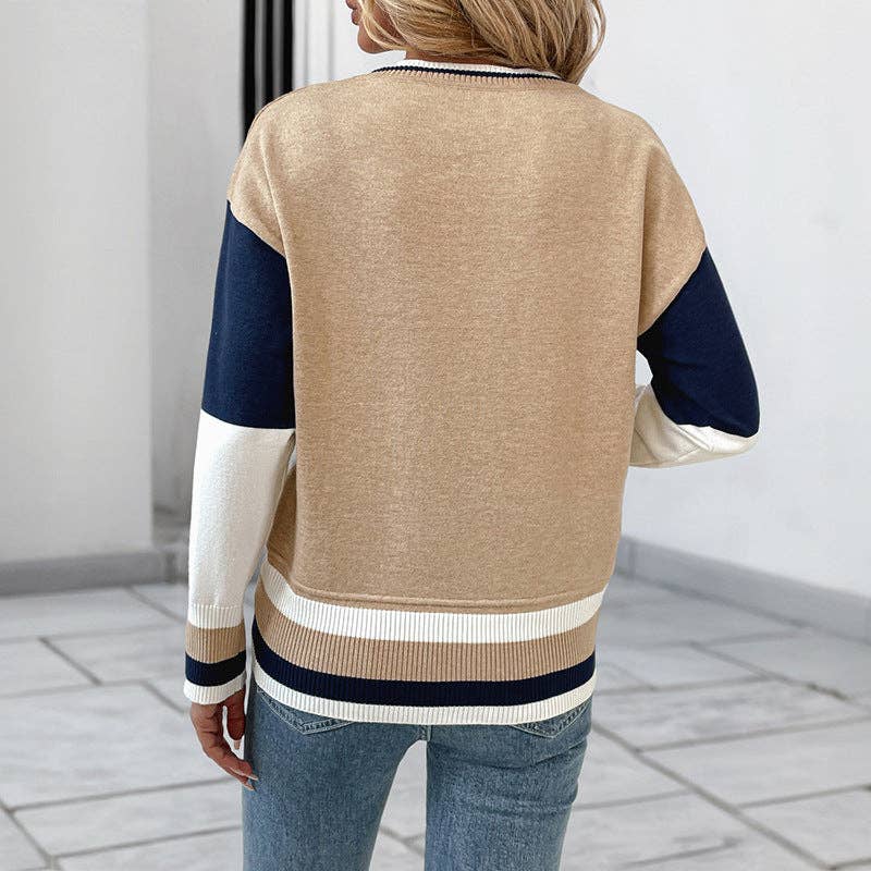 Color Block Crew Neck Long Sleeve Knit Pullover Top