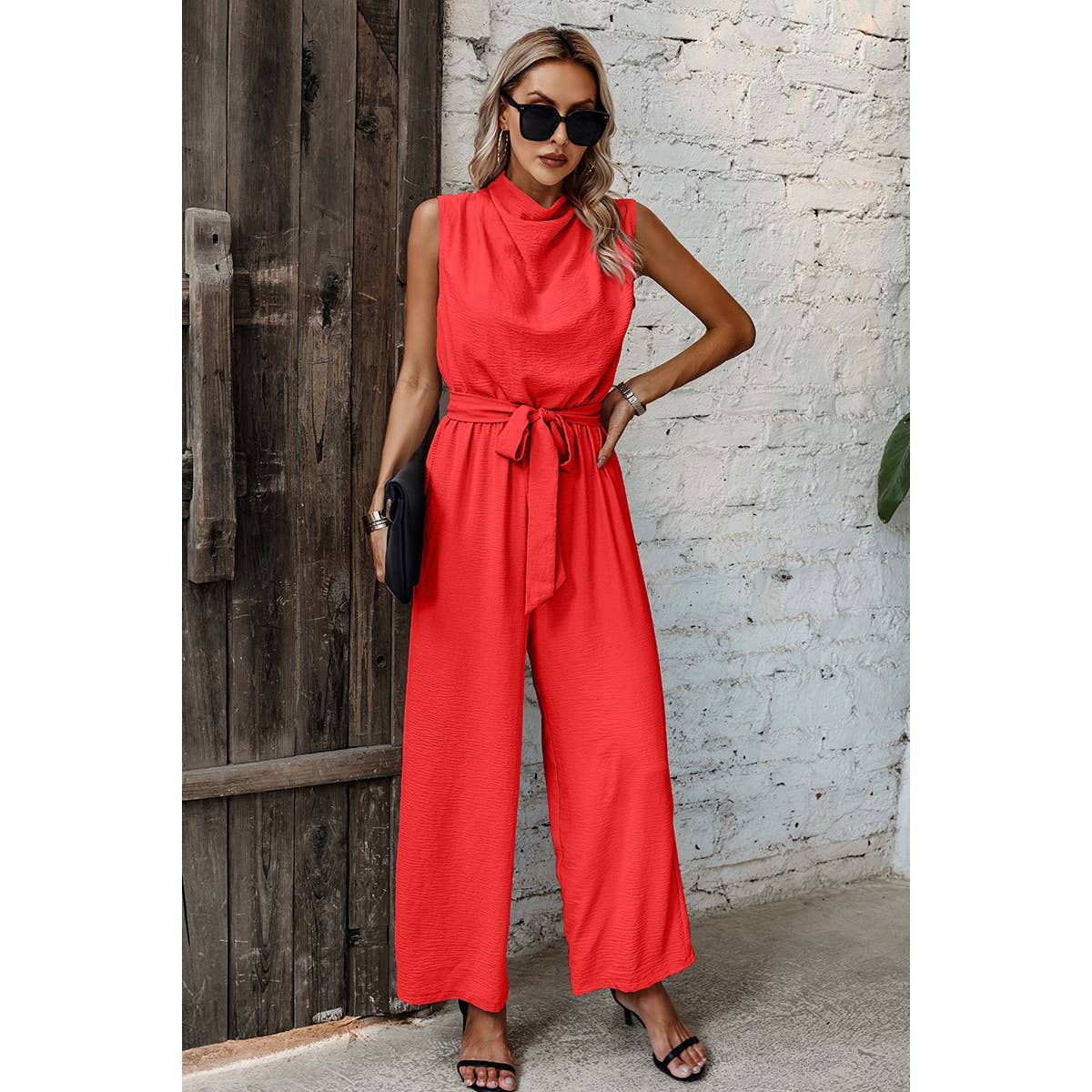 Solid Sleeveless Cut Out Back Belted Jumpsuit