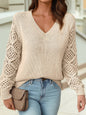 Solid V Neck Pointelle Knit Sleeve Patchwork Sweater