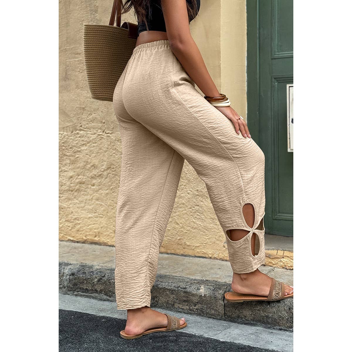 Solid Loose Elastic Waist Hollow Out Long Pant