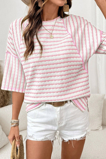 Striped Textured Tee Oversized Casual Boutique Top