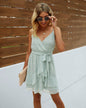 V Neck Ruffle Hem Swiss Dot Self Tie Cami Dress