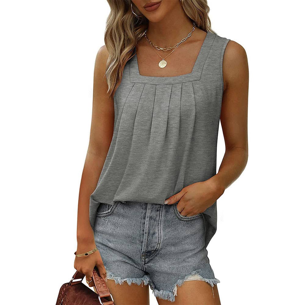 Pleated Square Neck Sleeveless High Low Casual Tank Top