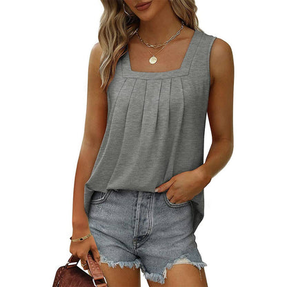 Pleated Square Neck Sleeveless High Low Casual Tank Top