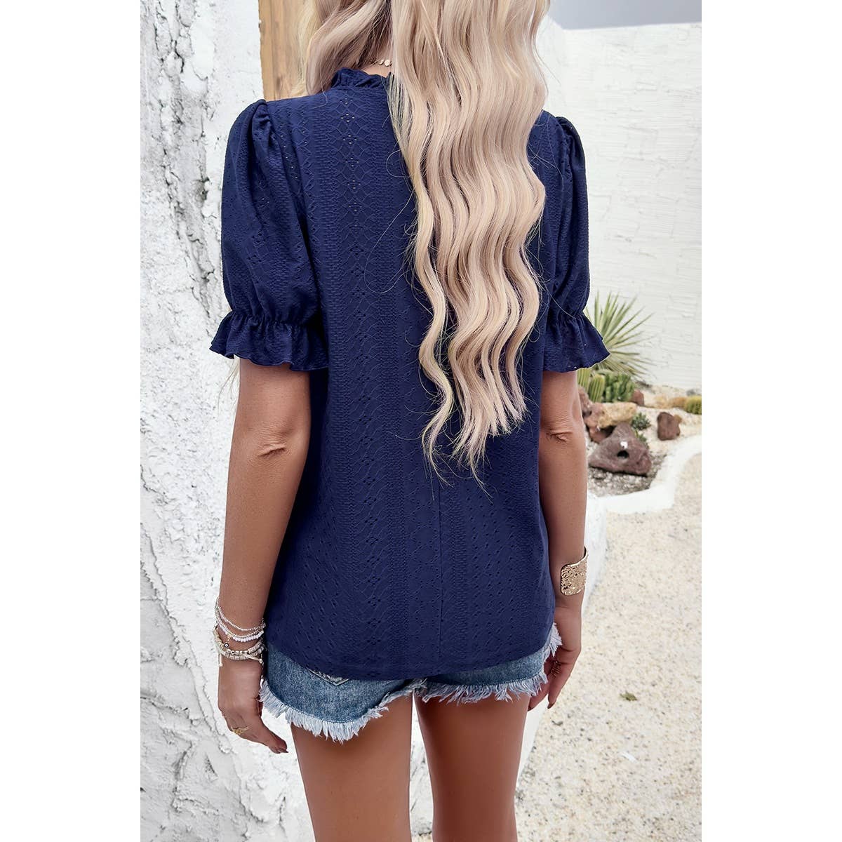 Round Neck Embroidery Ruffle Sleeve Loose Fit Shirts