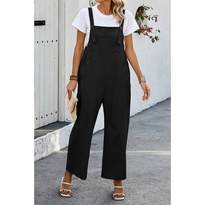 Solid Square Neck Button Trim Pockets Jumpsuit