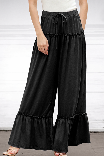 Frilled Drawstring High Waist Wide Leg Pants(S-XL)