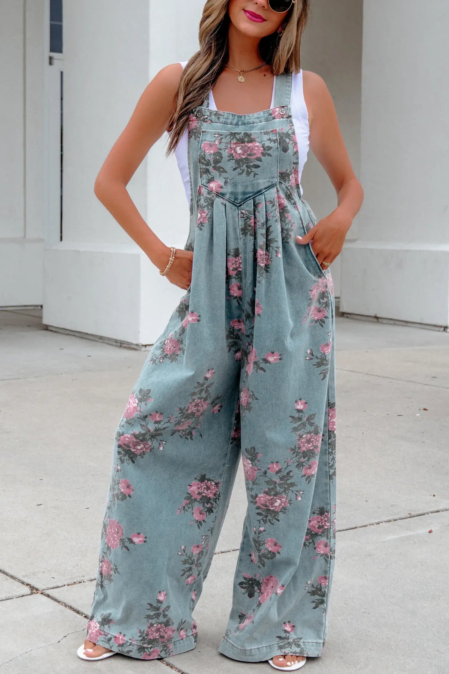 Floral Denim Wide Leg Overall Jumpsuit