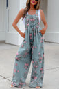 Floral Denim Wide Leg Overall Jumpsuit