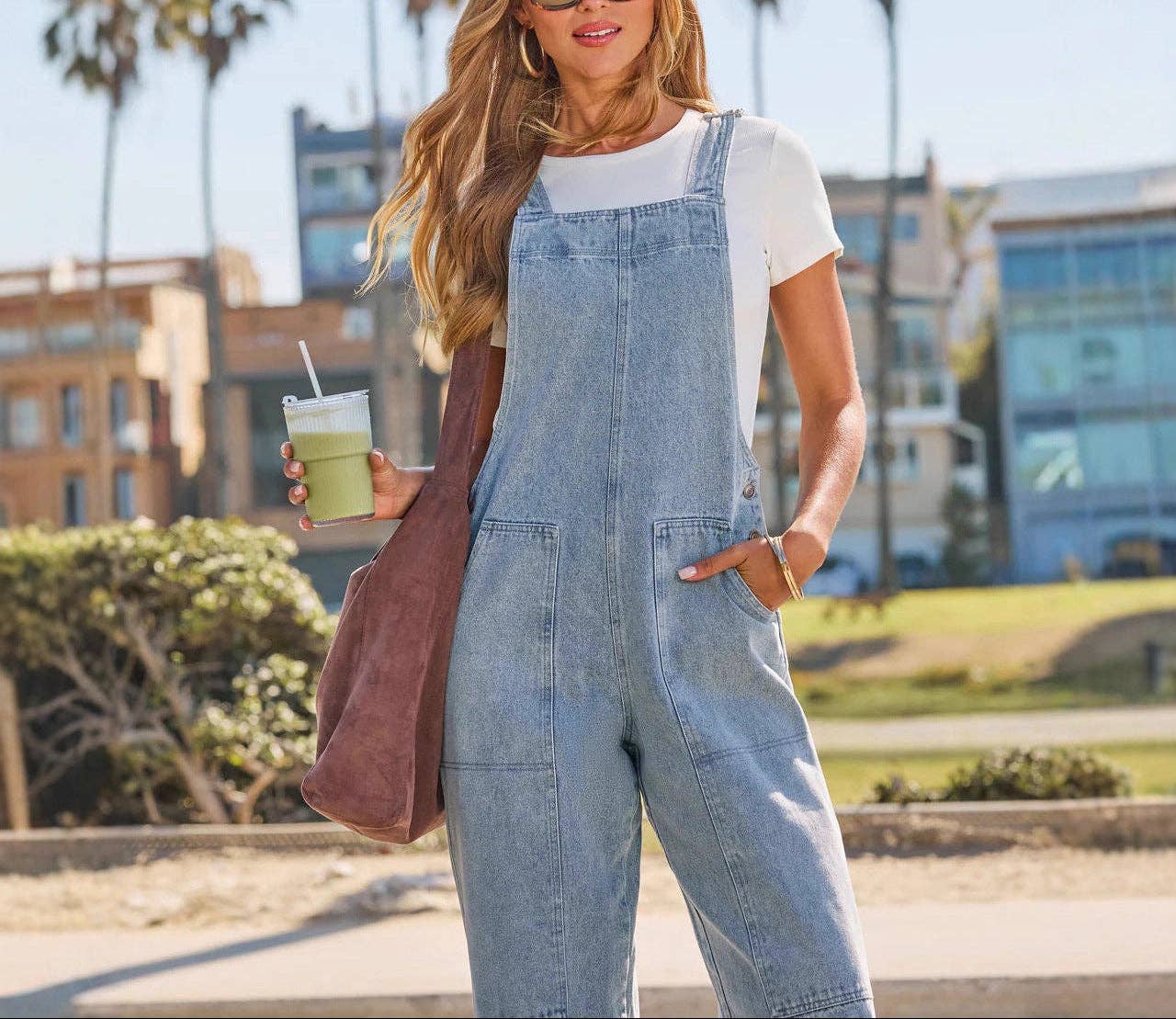 Denim Overall Wide Leg Jumpsuit With Pockets
