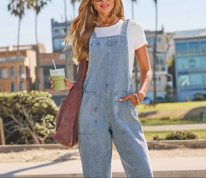 Denim Overall Wide Leg Jumpsuit With Pockets
