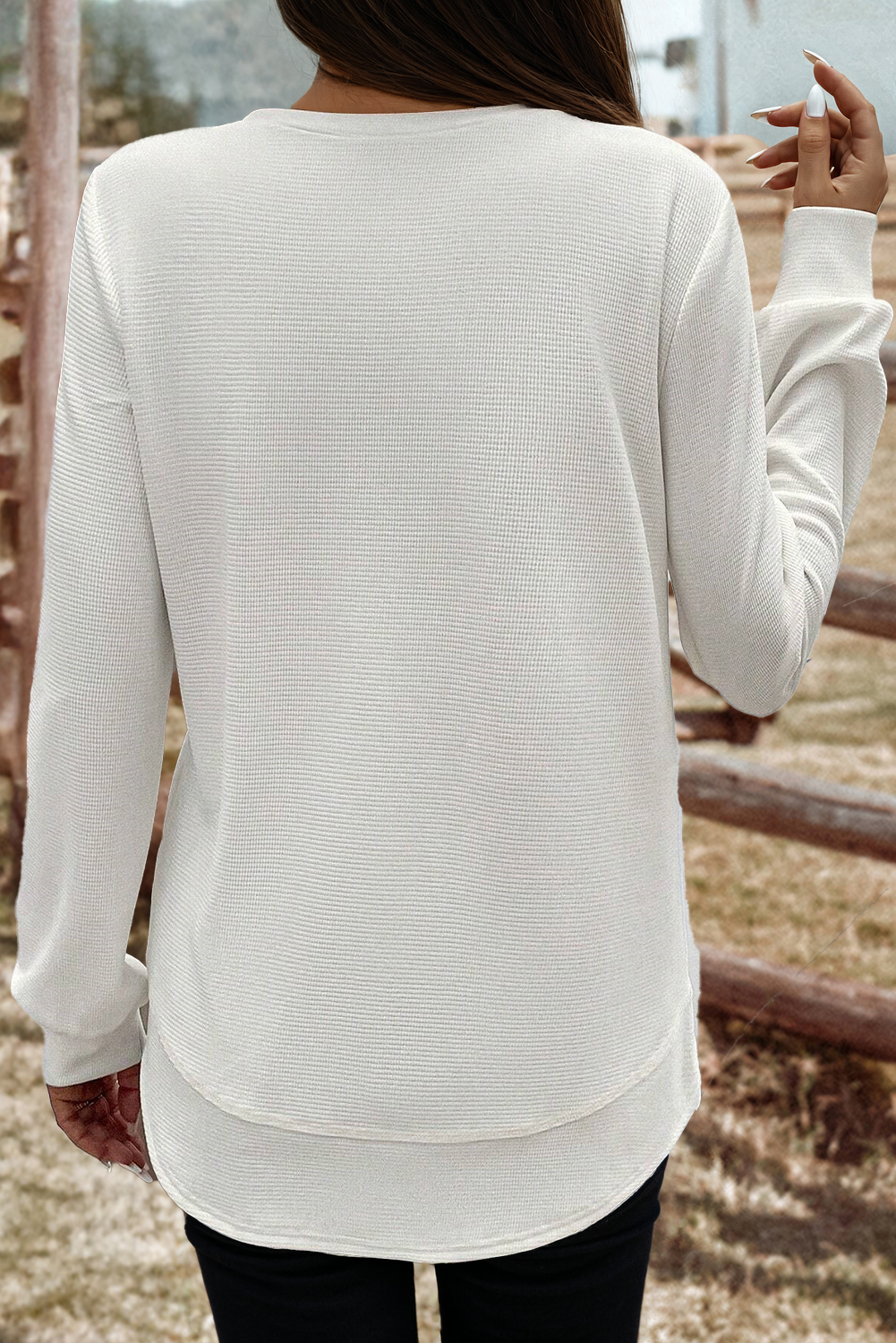 Fashion-W Rounded Hem Waffle Long Sleeve Top