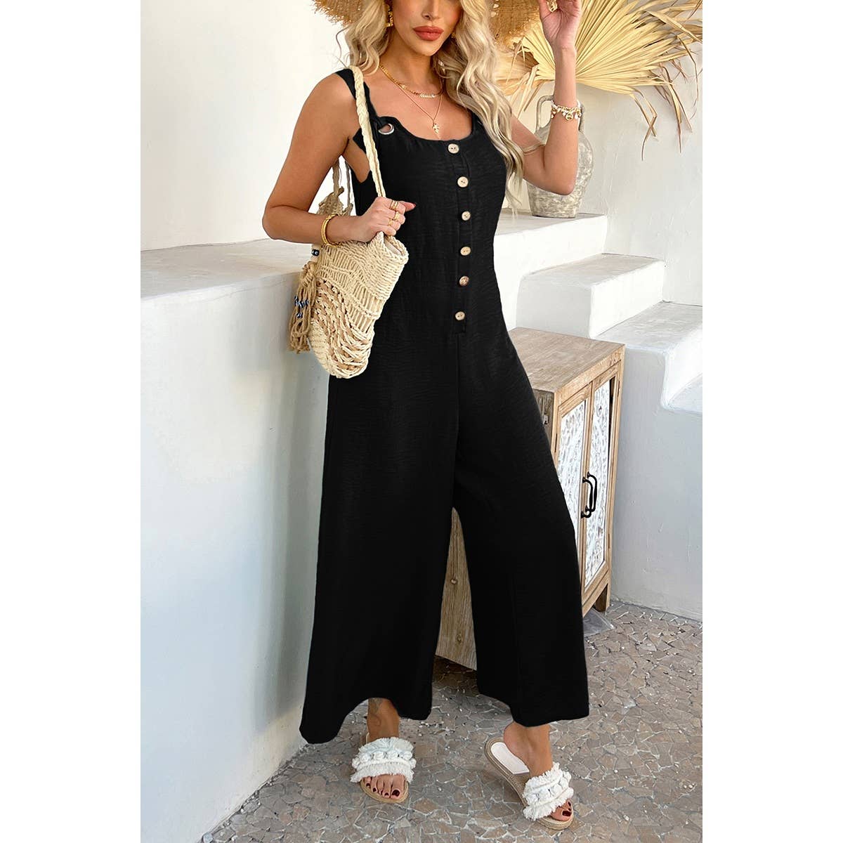 Button Front Knotted Strap Wide Leg Jumpsuit