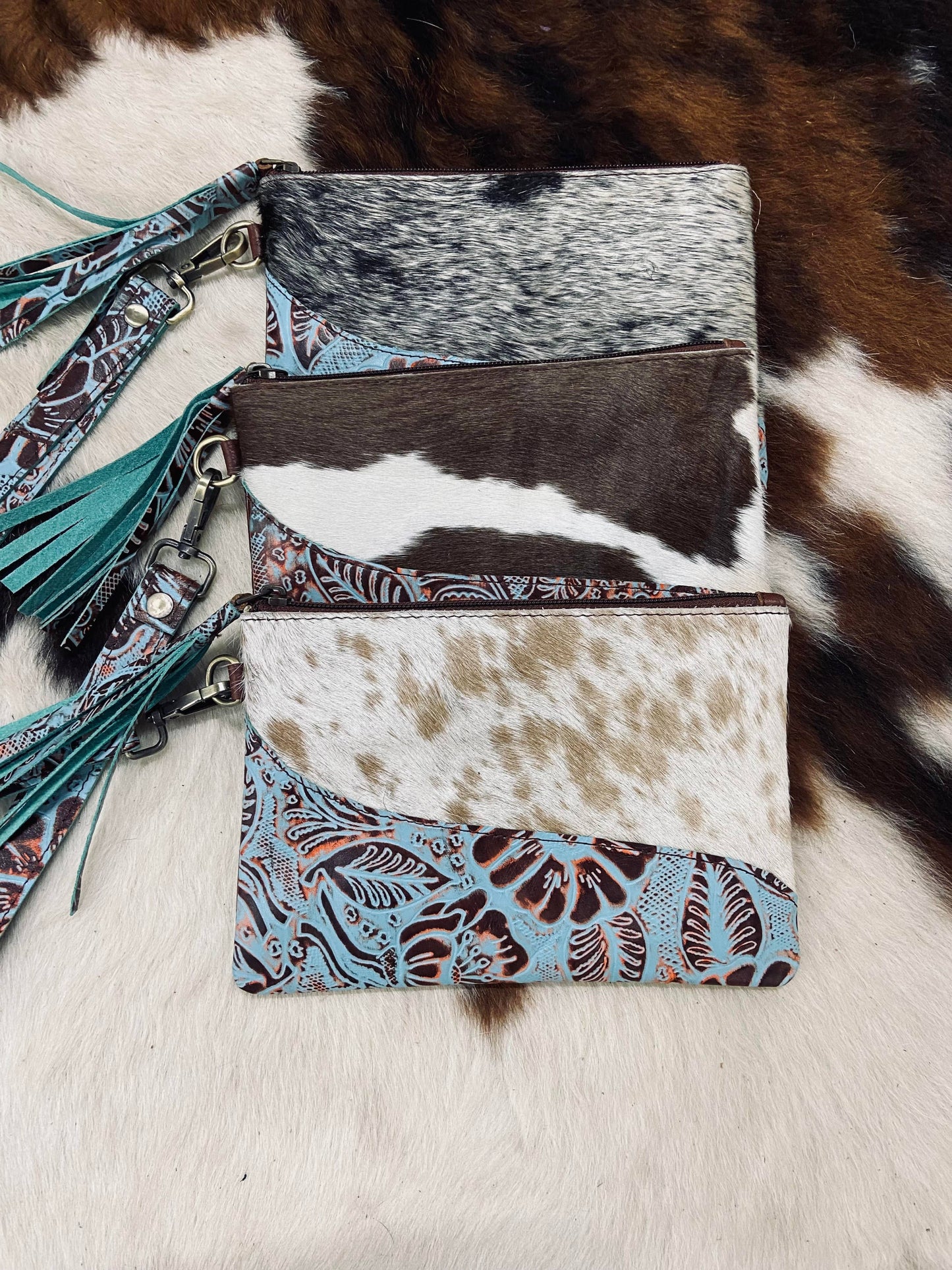 Embossed Leather Cowhide Wristlet  4 colors