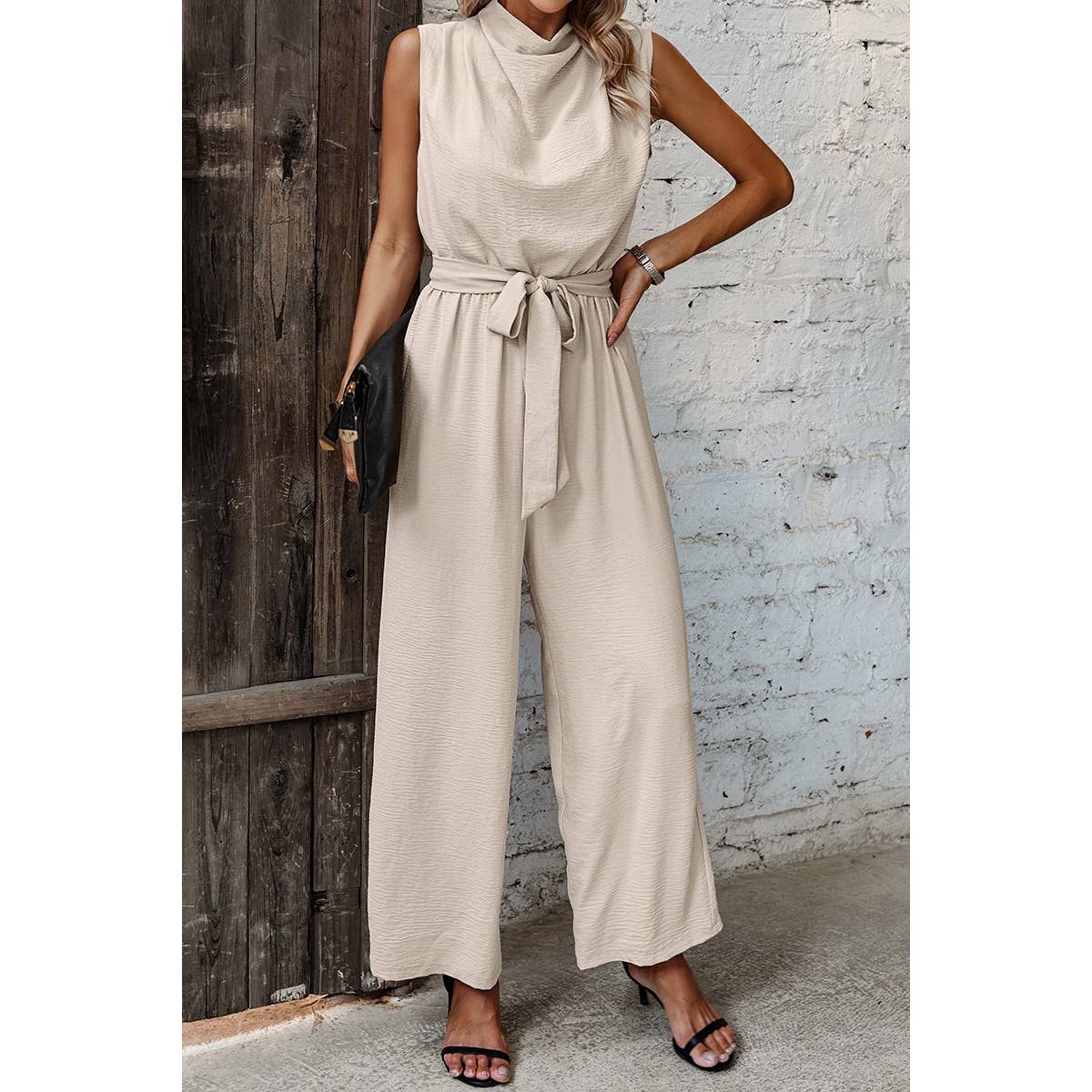 Solid Sleeveless Cut Out Back Belted Jumpsuit