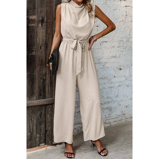 Solid Sleeveless Cut Out Back Belted Jumpsuit