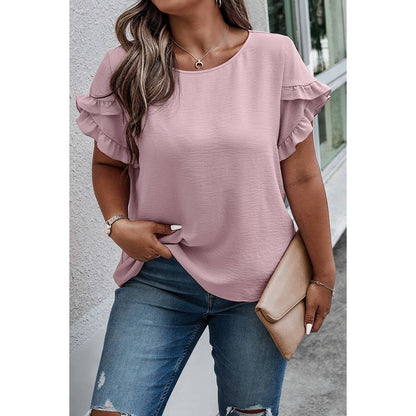 Plus Size Round Neck Ruffle Solid Loose Shirt