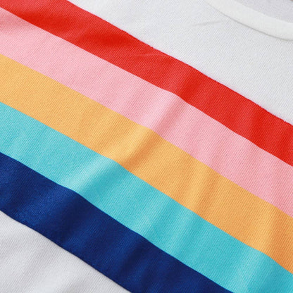 Women’s Rainbow Stripe Crewneck Pullover Casual Long Sleeve Top