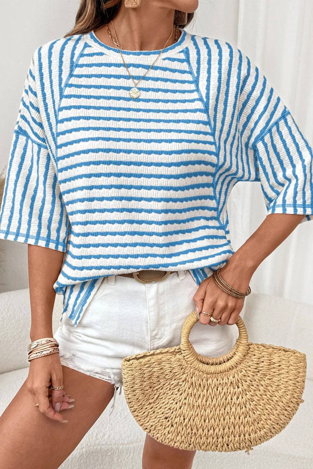 Striped Textured Tee Oversized Casual Boutique Top