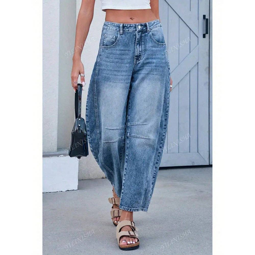 Washed Balloon Leg Denim Jeans With Belt