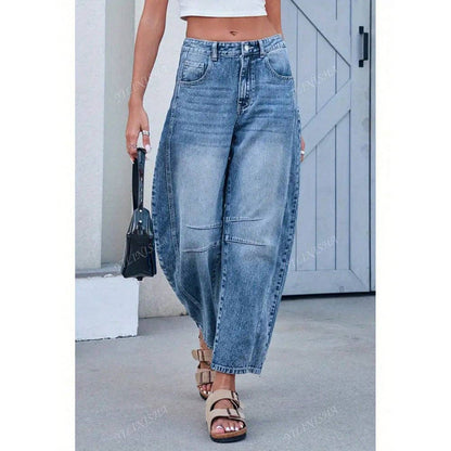 Washed Balloon Leg Denim Jeans With Belt