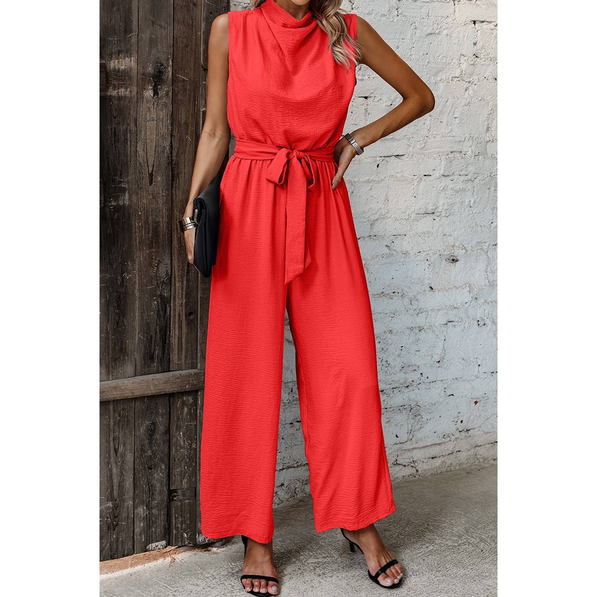 Solid Sleeveless Cut Out Back Belted Jumpsuit