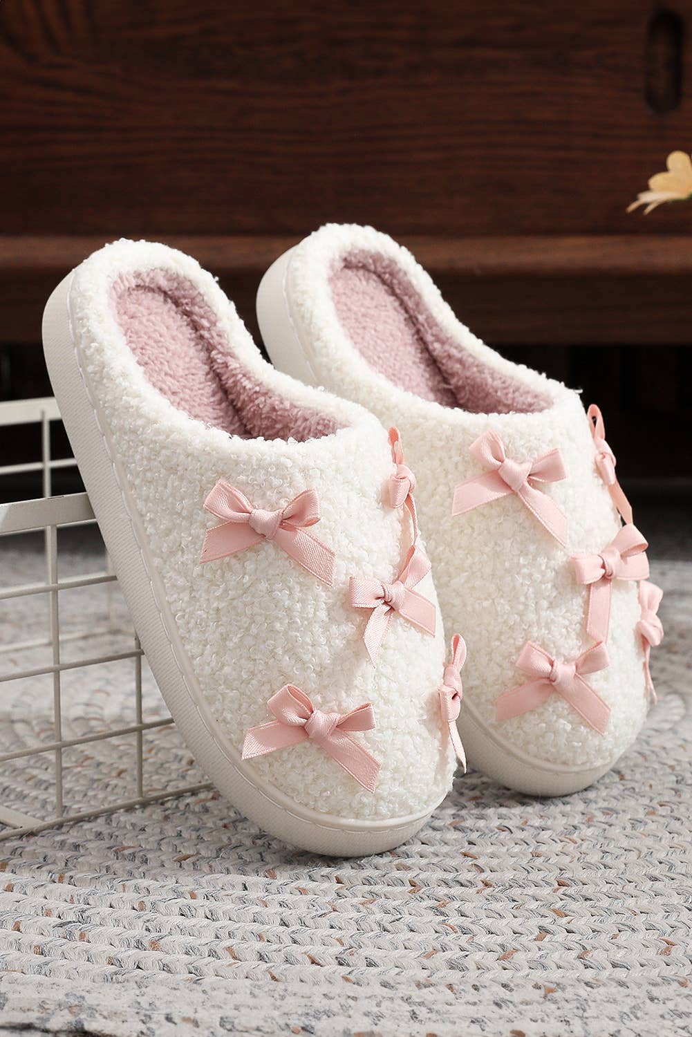LDC Ribbed Bow Decor Plush House Slipper