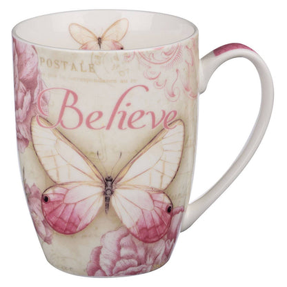 Pink Butterfly Believe Mark 9:23 Mug