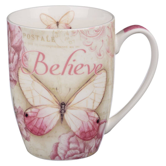 Pink Butterfly Believe Mark 9:23 Mug