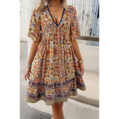 Allover Print Lace Trim Loose A Line Dress