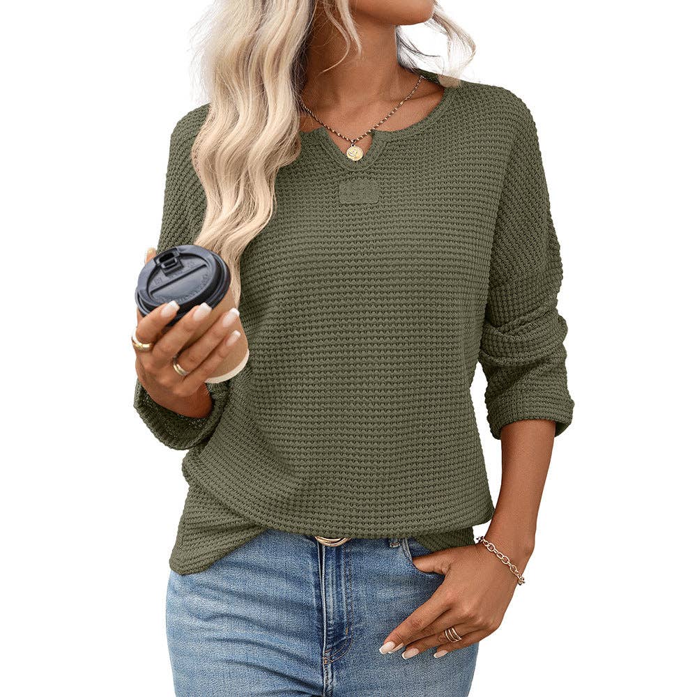 Women’s Striped Waffle Knit Long Sleeve Casual T-Shirt Top