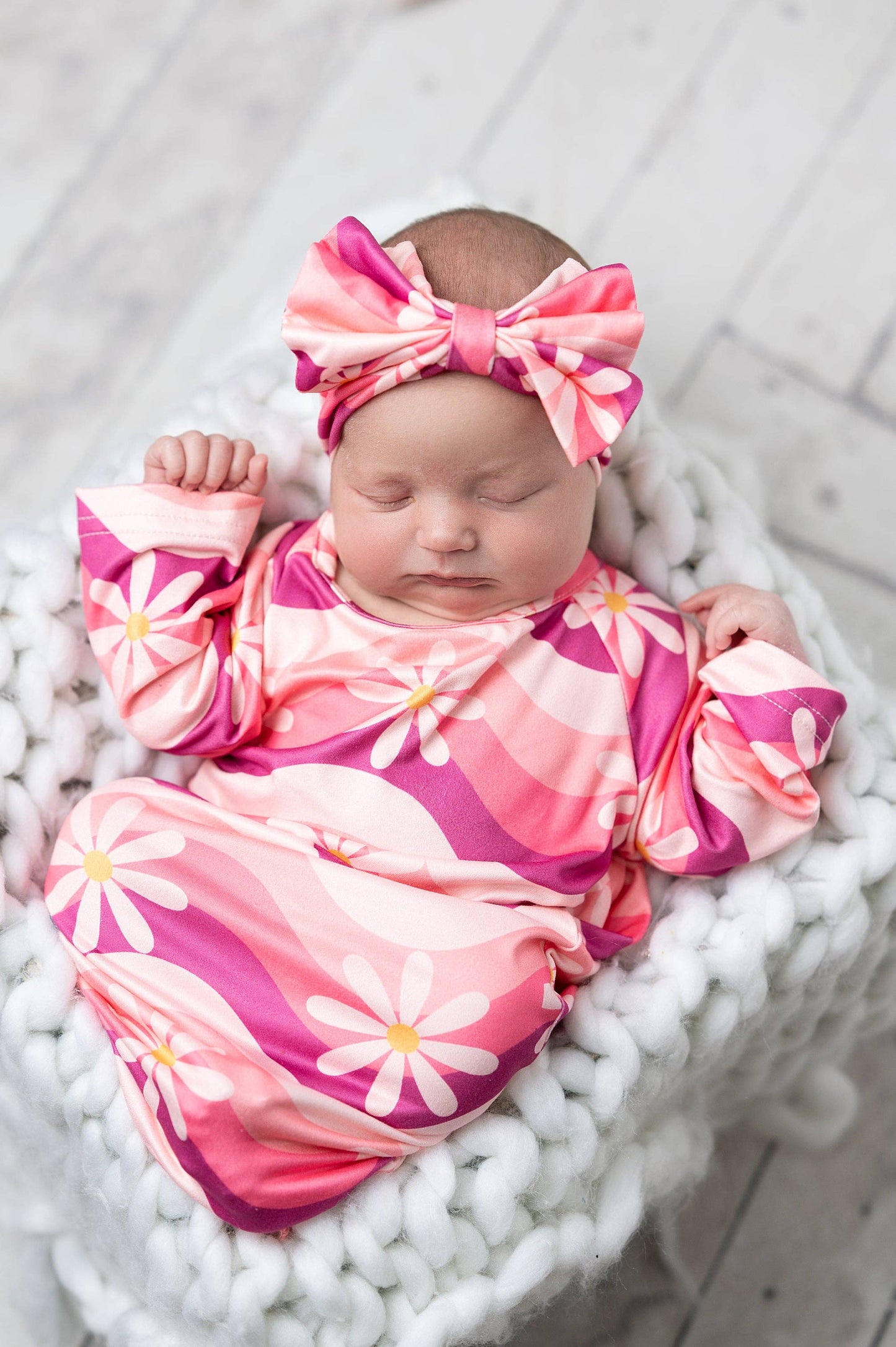 Infant Girls Pink Wave Flower Baby Gown and Bow Headband