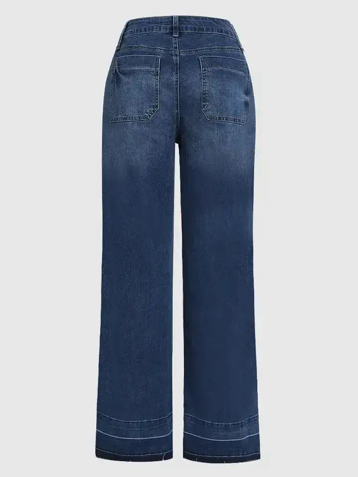 Wash Denim Wide Leg Jeans High Waist Patch Pocke