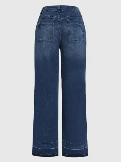 Wash Denim Wide Leg Jeans High Waist Patch Pocke