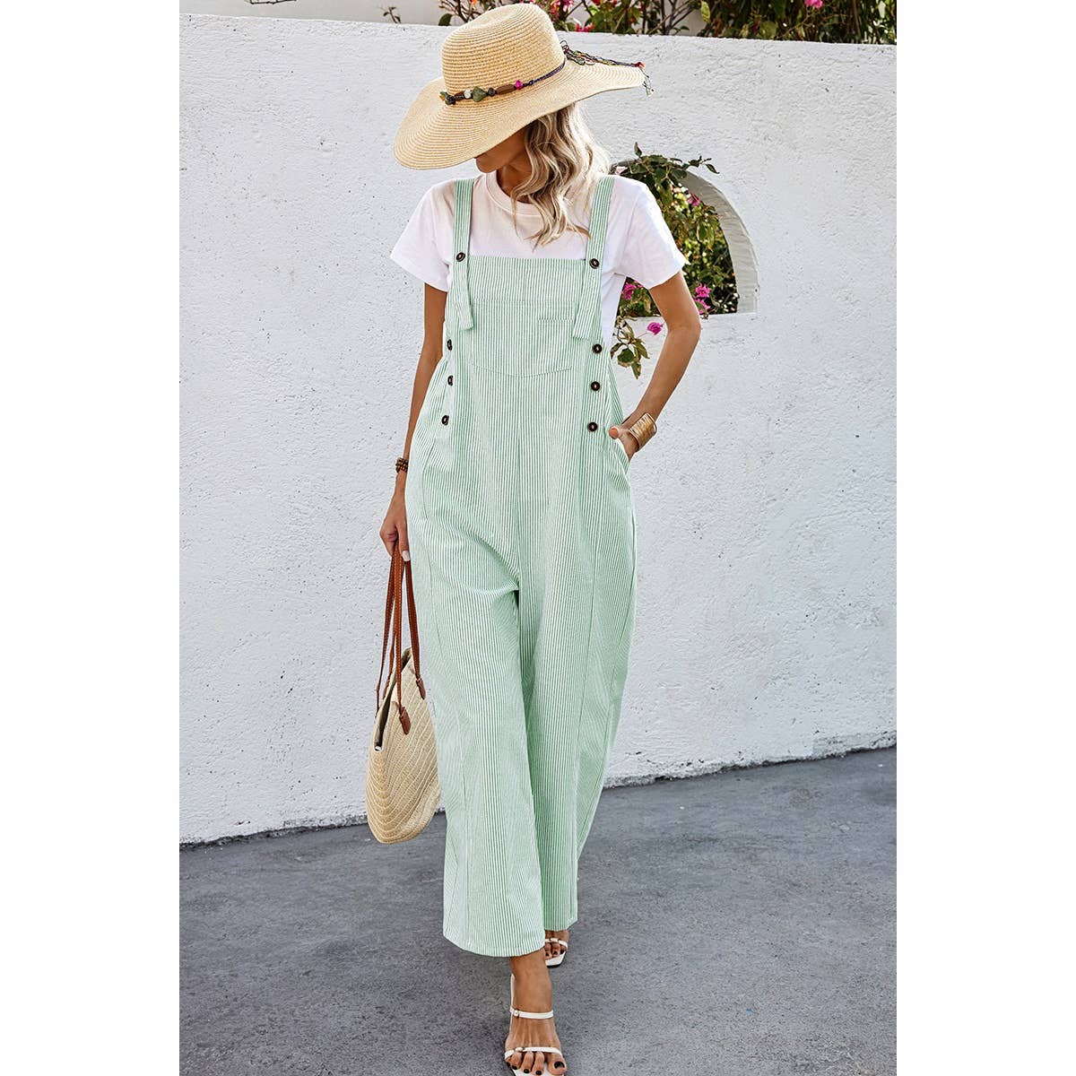 Solid Square Neck Button Trim Pockets Jumpsuit