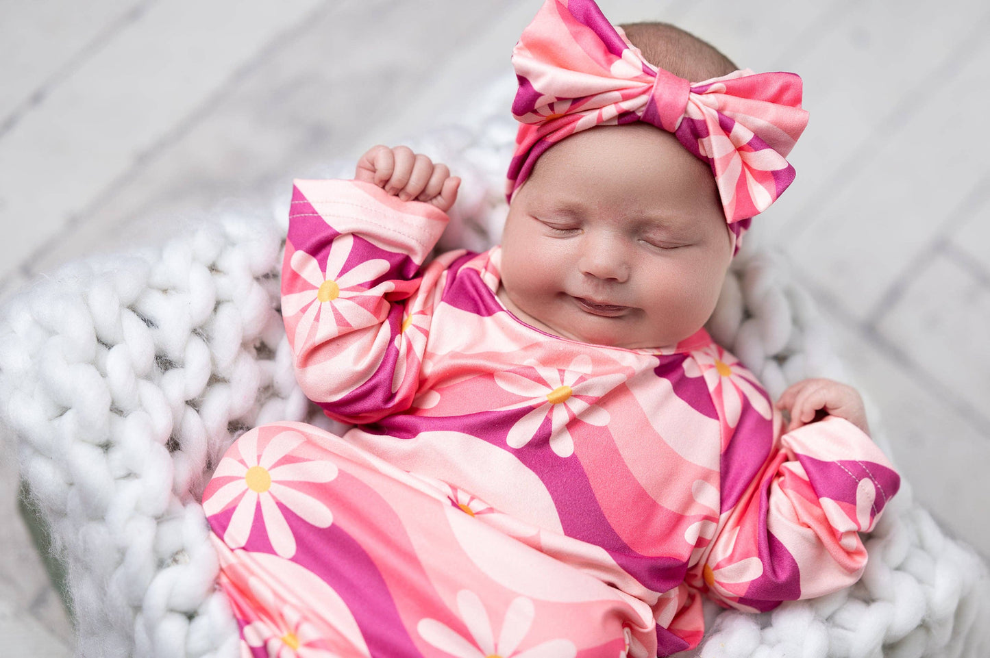 Infant Girls Pink Wave Flower Baby Gown and Bow Headband