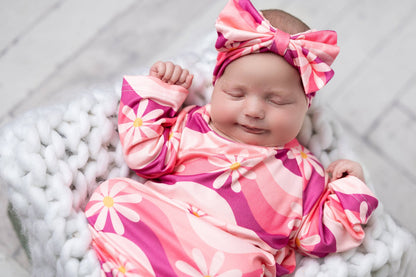 Infant Girls Pink Wave Flower Baby Gown and Bow Headband