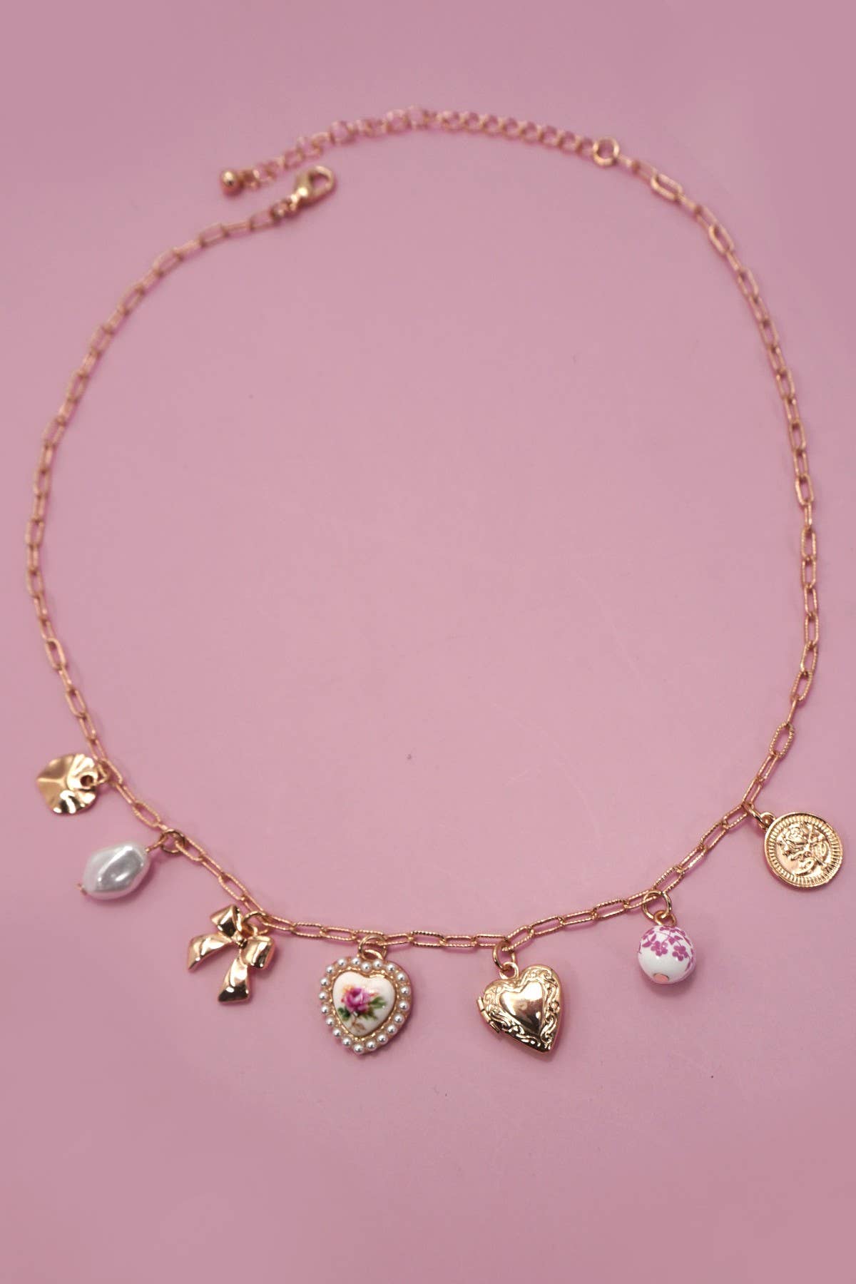 CERAMIC PORCELAIN BOW HEART CHARM LINK NECKLACE | 80N91546