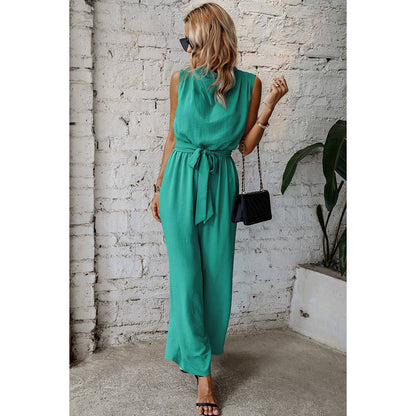 Solid Sleeveless Cut Out Back Belted Jumpsuit