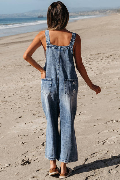1 the Woman - Distressed Pocketed Wide Leg Capri Denim Overall