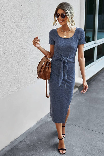 Square Neck Solid Waist Tie Dress